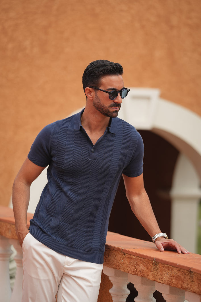 Knitted Structure Polo Indigo - Men Clothing | Leaders in Design & Quality | Donato