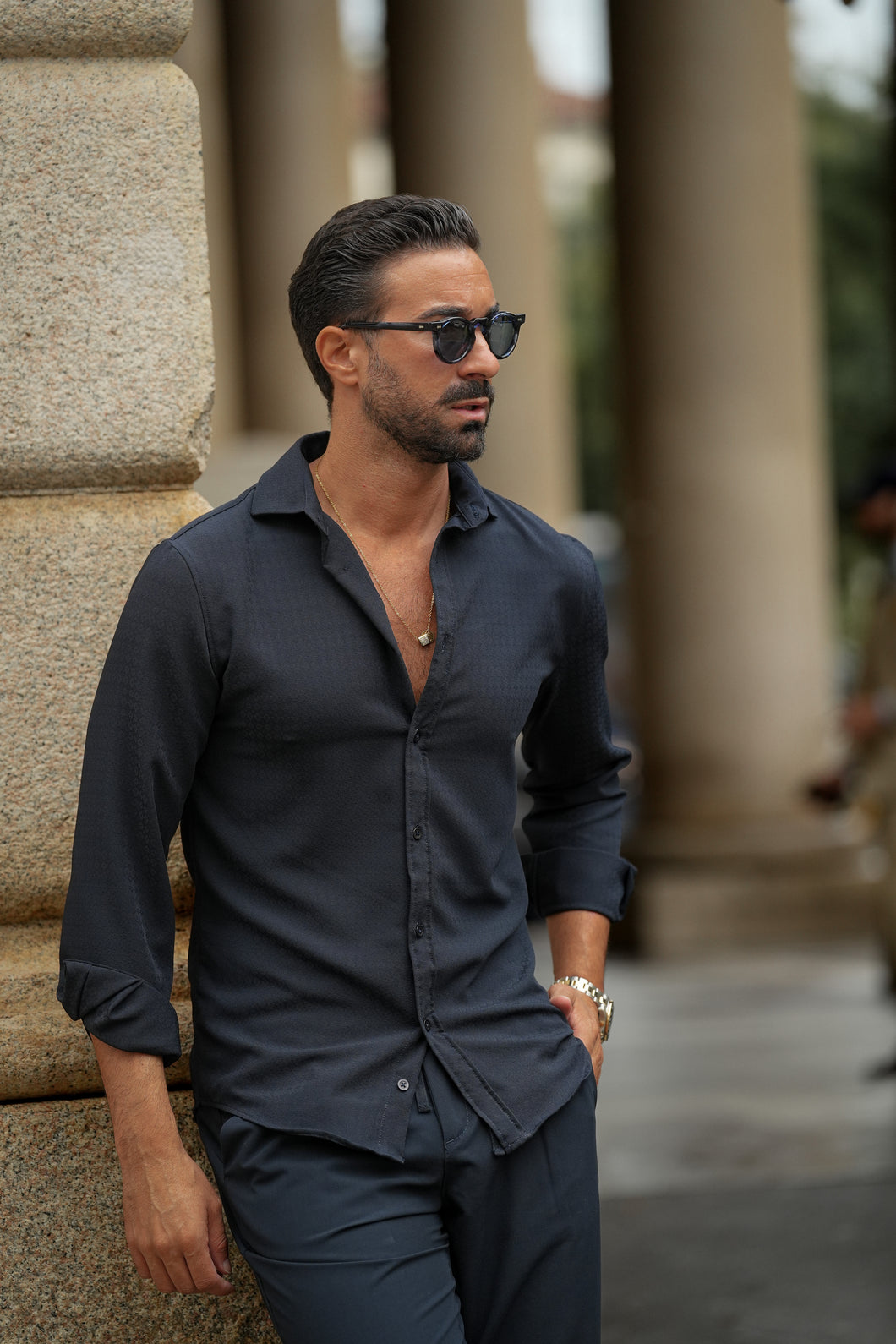 CAMISA ELÁSTICA COM TEXTURA AZUL